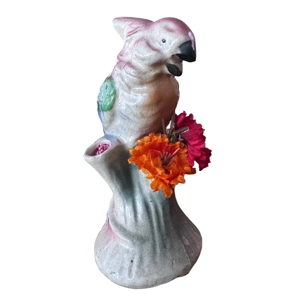 Vintage Ceramic Parrot Figurine Pink Green Tropical Bird with Flowers‎ 5 inch